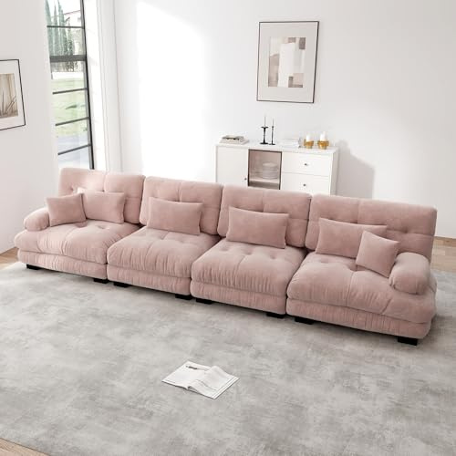 A ALFRESCOOL Sofa mit Schlaffunktion, Sofa 4 Sitzer, Boneless Couch4-Sitzer Modulares Ecksofa mit Tiefensitz, Chenille Schlafsofa Komfortabel Gepolstert für Wohnzimmer, Apartment, Studio Rosa