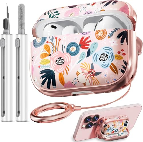 Safety Lock Inesore Floral Cute Hülle Compatible with AirPods Pro 3, Case for Women Girls, with Cleaning Kit and Keychain for Air Pods Pro 3 (2025) - Pink