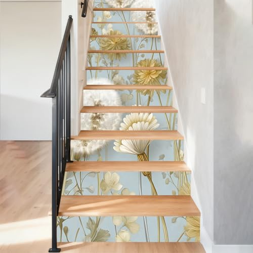 Hpbbspring 15 Stück Treppenaufkleber Löwenzahn Weiß Pflanzen Fliesenaufkleber Schöne Selbstklebende Wasserdichte Treppendekoration für Stufen Parks Balkon Café 100x18cm