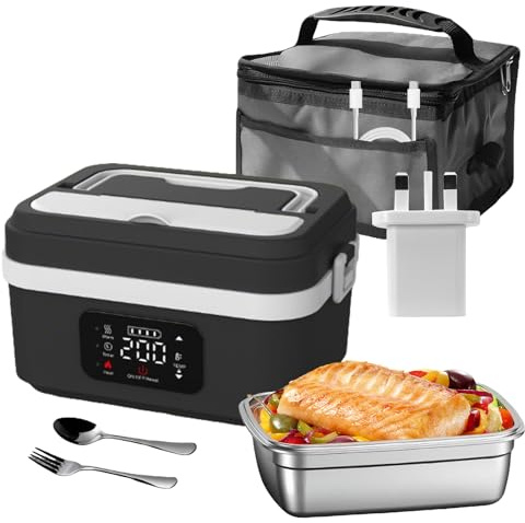 Electric Lunch Box, 1L Portable Food Warmer with 304 Stainless Steel Container, Touch Screen & Adjustable Temperature, 8000mAh Battery Powered Heated Lunch Box for Work, Car, Travel (Black + White)