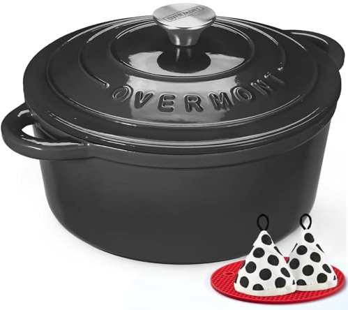 Overmont Bräter emaille Gusseisen Topf - Schmortopf 28cm backofengeeignet - mit Deckel und Kochbuch - für Küche Backen Schmoren Braten Graphitgrau