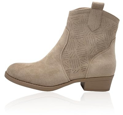 Nowaland Damen Stiefelette im Western-Stil mit dekorativem Lochmuster, mittelhohem Blockabsatz und klarer Silhouette – vielseitig kombinierbar zu Jeans, Kleidern und Röcken