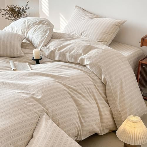 AShanlan Bettwäsche 135x200 Baumwolle Beige Gestreift Bettwäsche-Sets 2tlg | Bettbezug 135x200 mit Kissenbezug 80x80 cm, ÖKO-TEX Leinenoptik Gewaschene Baumwolle Bettwäsche mit Reißverschluss