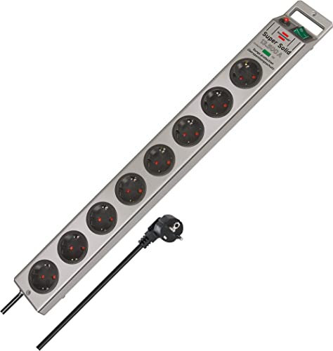 Brennenstuhl Super-Solid, Regleta de 8 Tomas con protección contra sobretensión (Regleta de enchufes múltiples con Cable de 2,5m e Interruptor - de policarbonato inastillable) Plata