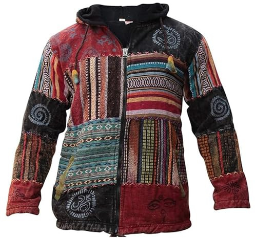 SHOPOHOLIC FASHION Giacca con Cappuccio Hippie Patchwork Festival, Maglione con Zip a Maniche Lunghe Foderato in Pile per Uomo e Donna, XL