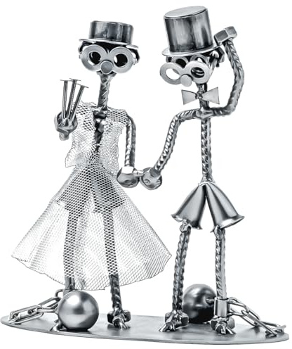 STEEMO Original Schraubenmännchen Figur: Brautpaar mit Eisenkugeln – Urteil: Lebenslänglich, Handgefertigtes Hochzeitsgeschenk, Hochzeits-Deko, Kunsthandwerk aus Stahl, 18x10x20 cm