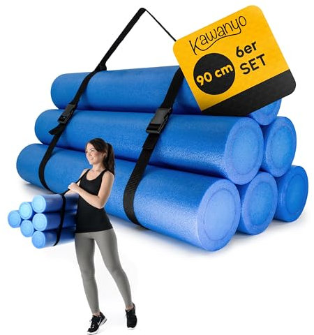 KAWANYO – 6er Set Pilates Rolle 90 cm für Stabilitäts- & Balanceübungen + 1 Tragegurt – Übungshilfe zum Pilatestraining – Yoga Rolle aus Hartschaum für Yoga, Pilates, Fitness, Gymnastik (Blau)