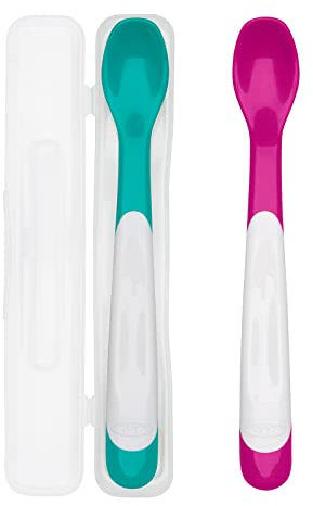 OXO Tot Plastic Feeding Spoons with Travel Case- Teal & Pink, 3 Piece Set