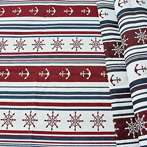 Jacquard Dekostoff Doubleface Maritimer Streifen Mix Stoff Meterware Rot-Navy-Ecru