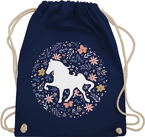 Shirtracer Turnbeutel Rucksack - Pferde - Taschen - Pferd mit Blumen - Unisize - Navy Blau - reitrucksack reit pferdemotiven beutel baumwolle tasche für reiter pferdefans animal print sportbeutel