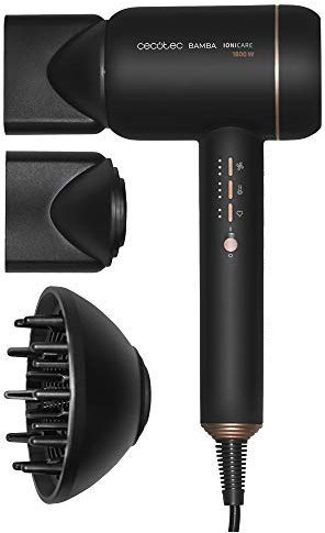 Cecotec Secador de Pelo iónico Bamba IoniCare 6000 RockStar Fire. Motor digital, Ion real, 6 Ajustes de Temperatura, Función Air Repair, Incluye Accesorios Magnéticos, Negro/Rosa, Potencia 1800 W