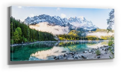 Atemberaubendes Berg-Panorama-Bild - Eibsee, Zugspitze - als 110x50cm großes XXL Leinwandbild. Wandbild als Hintergrund und Deko für Wohnzimmer & Schlafzimmer. Aufgespannt auf Holzrahmen