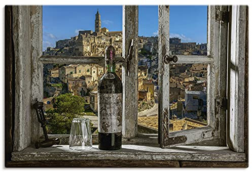 ARTLAND Wanddeko Leinwand Bilder Wandbild 90x60 cm Fensterblick Stadt Italien Wein Fenster Ausblick Mediterran U1XJ