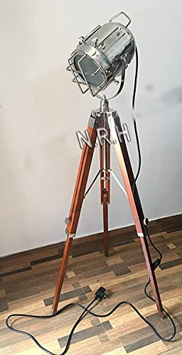 Handmade Nautical Chrome Spot Light Floor Lamp with Wooden Tripod Marine Studio Searchlight Home Decorative Lamp