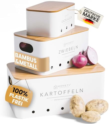Homety Kartoffel Aufbewahrungsbox [3er Set] - Hält Gemüse Länger Frisch - Idealer Weg für Zwiebel, Kartoffel und Knoblauch Aufbewahrung (Weiss)