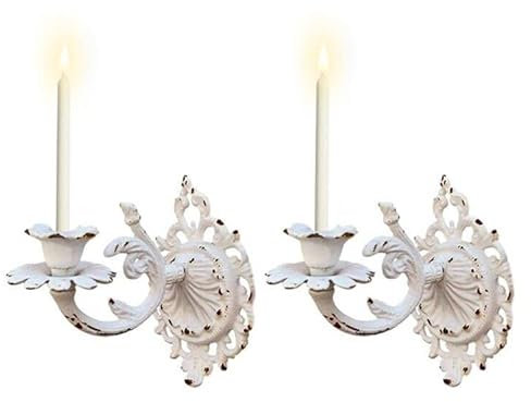 UNISTRENGH Cast Iron Heavy Duty Wall Mounted Candle Sconces Holders Pack of 2,Shabby Chic Pillar Candle Holder Candelabra,Wall Decor for Living Room Fireplace Yard Pathway (Distressed White)
