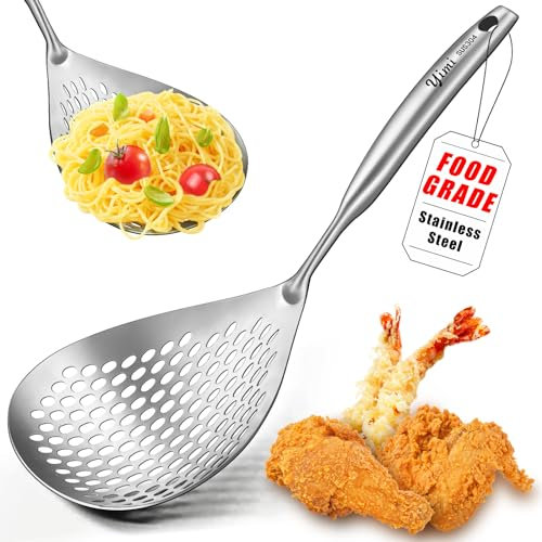 Large Skimmer Slotted Spoon, 304 Stainless Steel Pasta Strainer Colander Spoon, Spider Ladle with Big Draining Holes, Deep Fryer Scoop for Frying, Cooking, Draining, Ideal for Father's Day, 15''