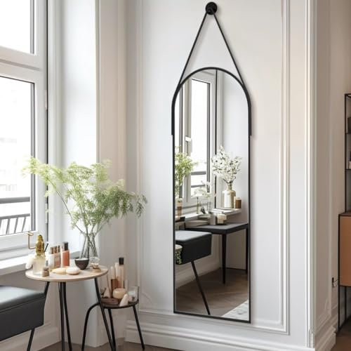 Dewfig 40,6 x 121,9 cm Hängespiegel mit Lederband, gewölbter Ganzkörperspiegel mit Aluminiumrahmen, Wandmontage, Hängespiegel für Badezimmer, Waschtisch, Wohnzimmer, Schlafzimmer, Eingangsbereich,