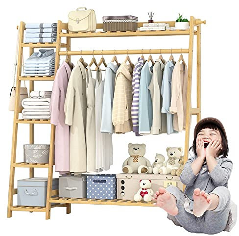 Tragbarer Bambus-Kleiderständer, Kleiderständer mit Kleiderstange und 7 Ablagefächern, unteres Regal, schlichtes Aussehen, für Schlafzimmer, Eingang, Dachgeschoss, Keller, für ordentliche Kleidung, 13