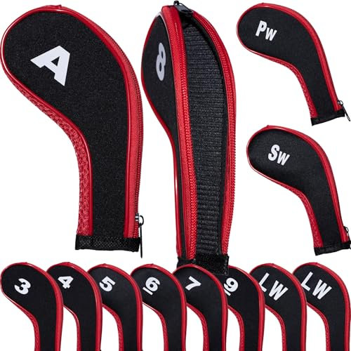 YoiYee Golf Club Iron Head Covers Set - 12 Pieces with Waterproof Zipper, Number Labels - Fits 3-9, Pw, Aw, Sw, Lw - Protective Covers for Men and Women - Golf Accessory