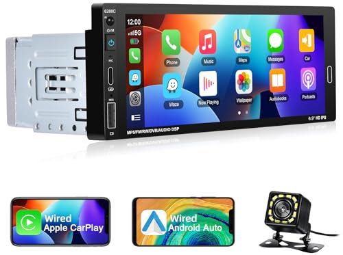 podofo 1 Din Autoradio con Cablato CarPlay/Android Auto/Mirror Link,6,86 Pollici Lettore Multimediale Bluetooth con Vocale Controllo/FM/TF/USB/AUX/SWC+Telecomando+Fotocamera Backup Wired carplay/Auto