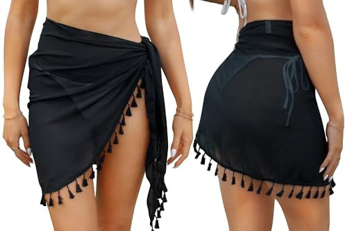 Aiseyi Sarongs para mujer, ropa de playa, de gasa, pareo envolvente, falda de playa con flecos, 2 unidades, 2 unidades, color negro, talla única