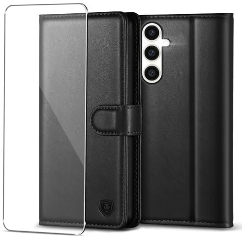 Handyhülle für Samsung Galaxy S23 FE Hülle mit Schutzfolie Premium PU Leder S23 FE Klapphülle Case Brieftasche Kartenfach Ständer Magnet Etui Handytasche Cover Schutzhülle für Samsung S23 FE- Schwarz