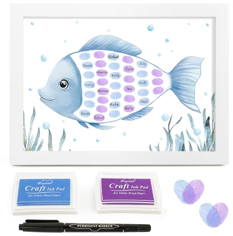 BOFUNX Taufe Fingerabdruck Gästebuch mit Holz Bilderrahmen Taufe Fisch Baby Shower Gästebuch für Mädchen Jungen+2 Stempelkissen+1 Unterschriftstift Taufe Geschenk