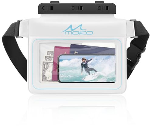 MoKo wasserdichte Handytasche, Schwimmender Wasserfeste Gürtelrucksack Wasserfeste Gürteltasche Bauchtasche für iPhone 15 14 13 12 11 Pro Max X/Xr/Xs Max, Galaxy S23 Ultra/Note 20 Ultra, Weiß