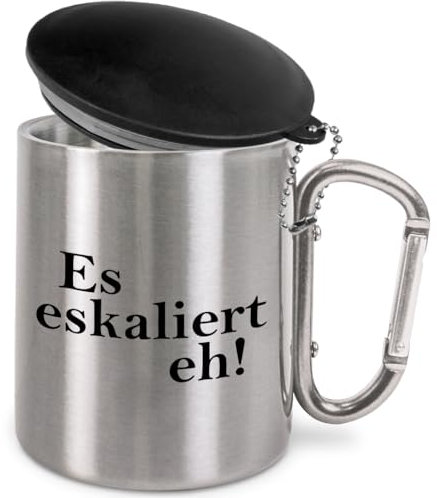 Prozente Momente Es eskaliert eh! | Edelstahl-Trinkbecher mit Karabinerhaken und Deckel | Geschenkidee | 330 ml | Becher | Camping | Vereine | Silber