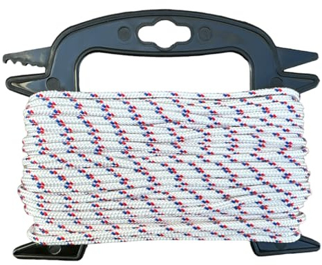 eacommerce - Corda in Polipropilene Alta Tenacità 16 Fusi Multiuso | Anti UV | Ideale per Nautica, Bianco con Segnalino Rosso/Blu, 4 mm, 30 metri