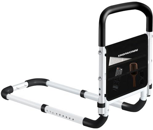 KingPavonini Sponde per letto per anziani, sicurezza – Bastone regolabile con manico ergonomico antiscivolo e tasca portaoggetti, sponda di sicurezza per letto per anziani e adulti, portata fino a