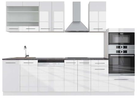 Vicco Küchenzeile Fame-Line, Weiß Hochglanz/Weiß, 300 cm mit Hochschrank, AP Anthrazit