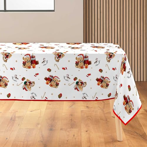 Douceur d'Intérieur, Nappe de Fête Rectangle (150 x 300 cm) Oursons Blanc, Polyester Imprimé