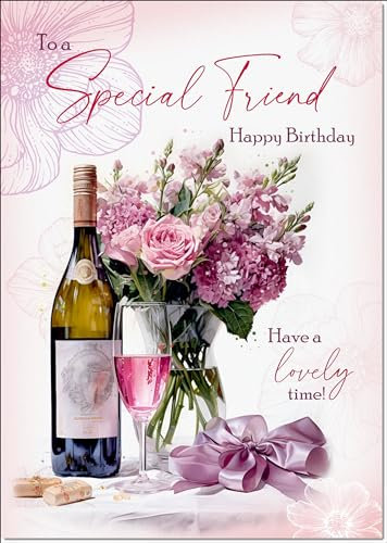 doodlecards Special Friend Birthday Card Roses and Red Wine Medium Size with Plain Envelope