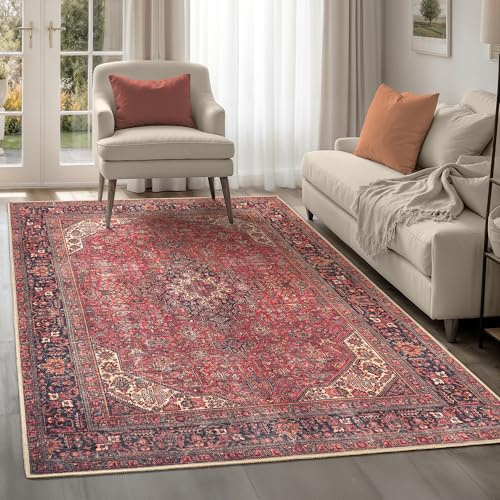 artyrugs Machine Washable Rug, 152x213cm, 75% Recycled Cotton, Short Pile, Non-Slip Backing, Non-Shedding, Suitable for Bedroom, Kitchen, Hallway, Office, Midsize, Aesthetic Crimson Red