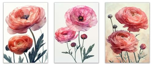 JOSUE 3 pezzi Quadri Stile Boho Fiori Naturali Quadri Su Tela,Rosa, verde Quadri Su Tela Per Pareti Per Soggiorno Pittura Moderni-60x80cmx3 Non incorniciato