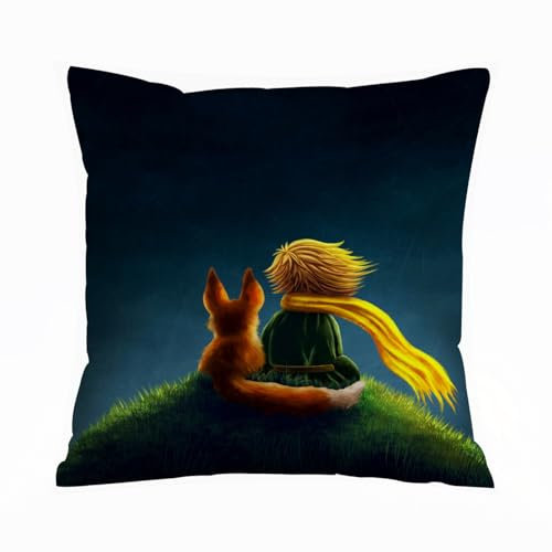 AELKSP Kissenbezug Kissenhülle Haus Dekorativ Für Jungen/Mädchen Wohnzimmer Schlafzimmer Sofa Stuhl Kissenbezüge,Der kleine Prinz und der Fuchs schauen in den Himmel,50x50 cm