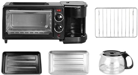 Milageto 3 in 1 Breakfast Center Station with Coffeemaker Stainless Steel Grill Griddle Versatile Toaster Oven with Timer for Sausages