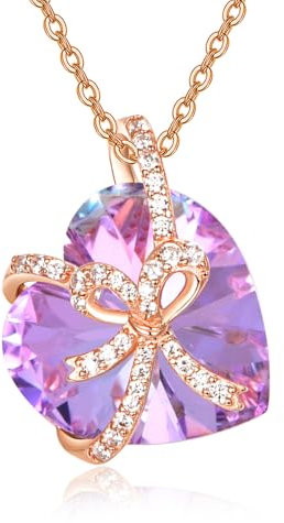 TANGPOET Bow Necklace for Women Sterling Silver Bow Necklace Rose Gold Bowknot Necklace with Heart Crystal Pendant Necklace Jewellery Gifts for Women