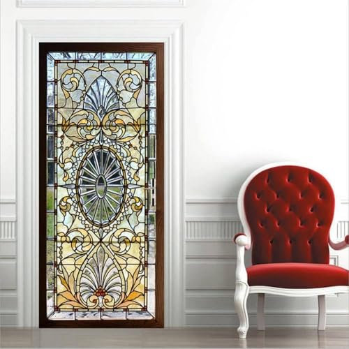 Adhesivo 3D para puerta de vitral, despegar y pegar, murales de puerta de madera retro, papel adhesivo para puerta, impermeable, para decoración del hogar y dormitorio