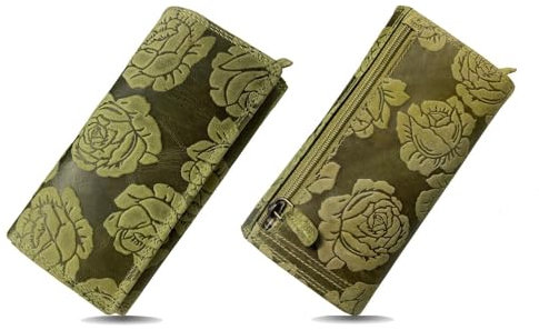 LEDEREX® Geldbörse Damen Echt Leder mit RFID Schutz Portemonnaie Damen Gross Geldbeutel Damen Blumen Muster portmonee Damen sehr schöne Farbe mit vielen Fächern (Grün)