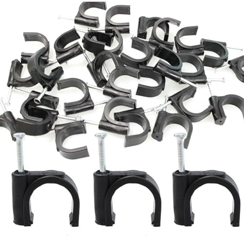 PDETVEO 100PCS Black Half Clamps J-Hook with Nail, 0.63 Inch Nail in Cable Clips Ethernet Cable Nails for Tubing Pipe Support