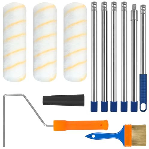 Rainmae Paint Roller Kit with Extension Pole,3PCS 9 Inch Paint Roller,Stainless Steel Extension Pole 2.4m,Paint Roller Frame Microfiber Roller Cover for House Walls Painting