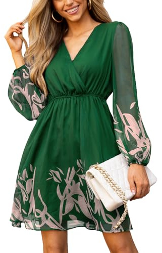 CUPSHE Women's Floral Print Chiffon A-Line Mini Dress Long Peasant Sleeves Elastic Autumn Dress Green Paisley XS