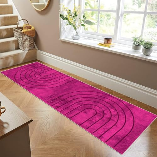 Siunwdiy Teppich Läufer Flur rutschfest Küchenläufer Waschbar Einfarbig Modernes Muster 60x200cm Hot Pink Korridor Teppichläufer Lang Küchenteppich Für Schlafzimmer Teppichläufer Meterware Anpassbar