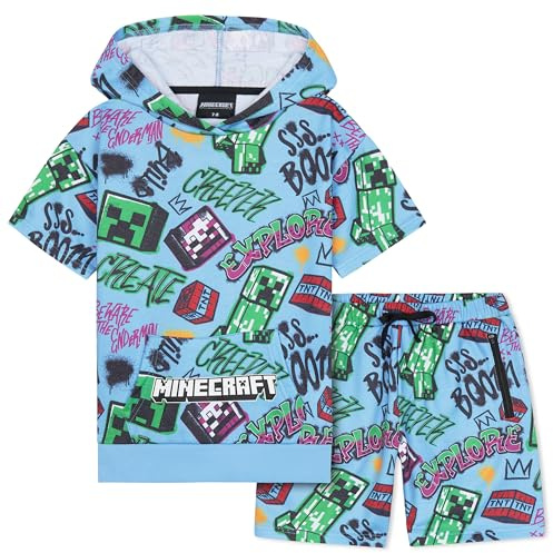 Minecraft Hoodie-Shorts-Trainingsanzug-Set für Jungen, 2-teilig, Creeper, Teenager, Gamer, Sommer, kurzärmelig, Kapuzen-Sweatshirt, Reißverschlusstaschen, Sport, Freizeit, Activewear