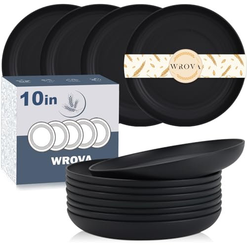 Wrova Unbreakable Plastic Plates - 10 Inch Dinner Plate Set of 8 - Dishwasher & Microwave Safe Plastic Plates Reusable - Lightweight Plate for Kitchen,Camping (Pure Black)