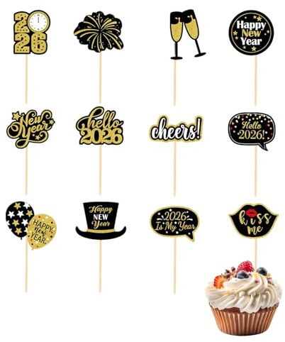 2026 Happy New Year Tortendeko, 12 Stück Kuchendekorationen Topper Frohe Frohes Neues Jahr, Kuchen Dekorationen Für Neujahrsdeko Silvester Tischdeko, Silvester Cupcake Toppers
