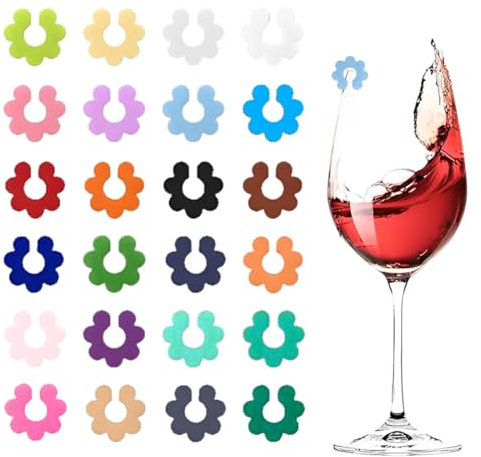 BQRKOTM 24 Pezzi Colorati Segnabicchieri, Identificatore Del Bicchiere di Vino, Segnabicchieri in Silicone per Feste, per Bicchiere da Champagne, Bicchiere da Cocktail, Bicchiere da Martini
